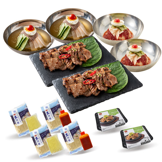 韓国おこのみ冷麺セット(水冷麺2人前/ビビム冷麺2人前/豚カルビ500g) - 韓国惣菜bibim'ネットストア